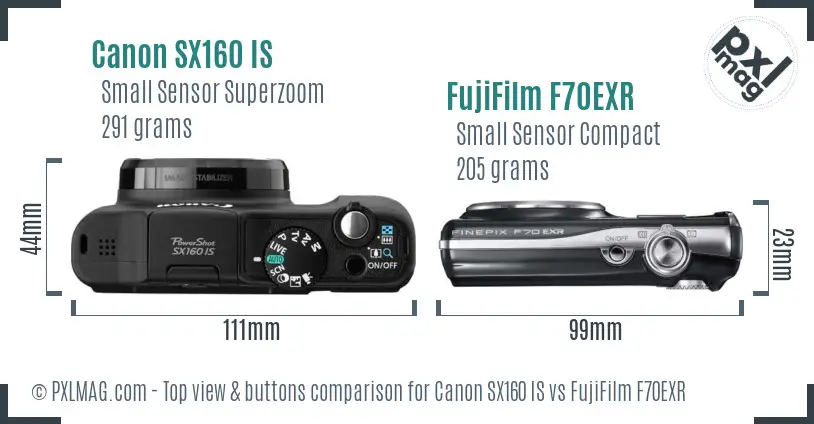 Canon SX160 IS vs FujiFilm F70EXR top view buttons comparison Canon SX160 IS vs FujiFilm F70EXR top view buttons comparison