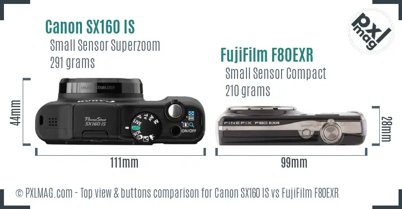 Canon SX160 IS vs FujiFilm F80EXR top view buttons comparison