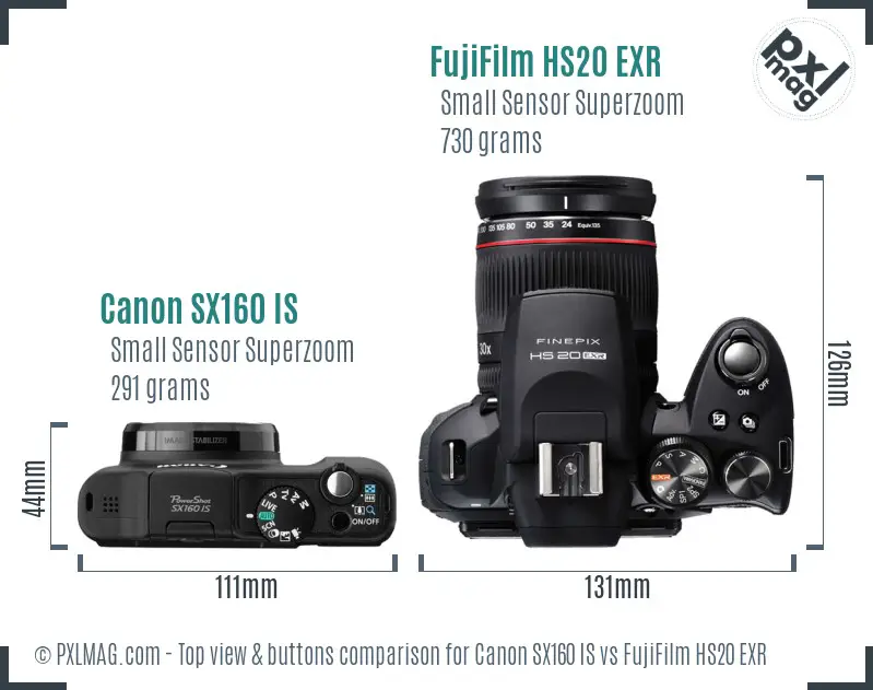 Canon SX160 IS vs FujiFilm HS20 EXR top view buttons comparison