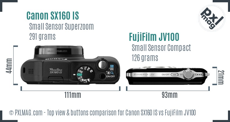 Canon SX160 IS vs FujiFilm JV100 top view buttons comparison