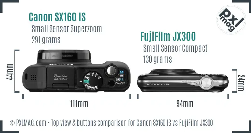Canon SX160 IS vs FujiFilm JX300 top view buttons comparison Canon SX160 IS vs FujiFilm JX300 top view buttons comparison