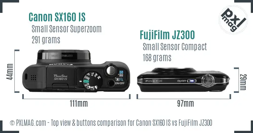 Canon SX160 IS vs FujiFilm JZ300 top view buttons comparison