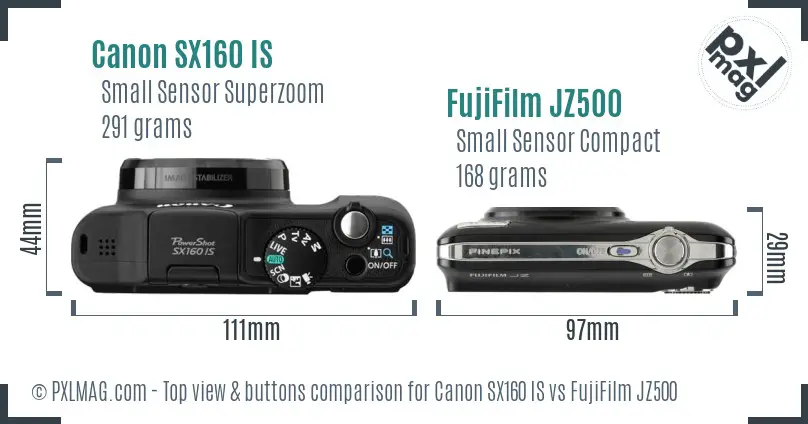 Canon SX160 IS vs FujiFilm JZ500 top view buttons comparison
