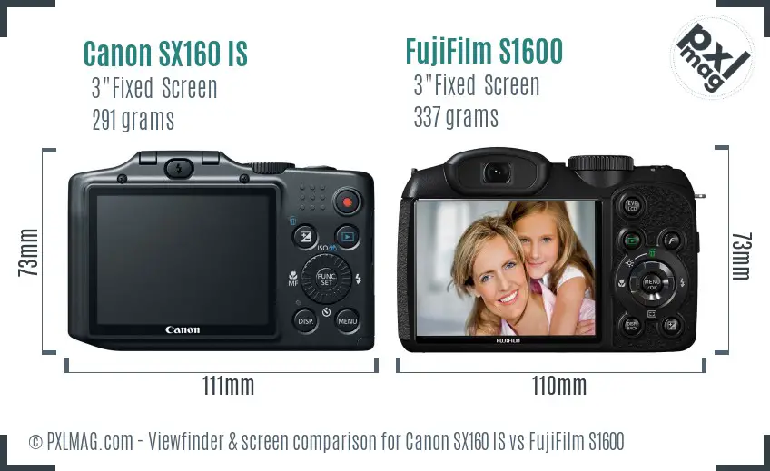 Canon SX160 IS vs FujiFilm S1600 Screen and Viewfinder comparison