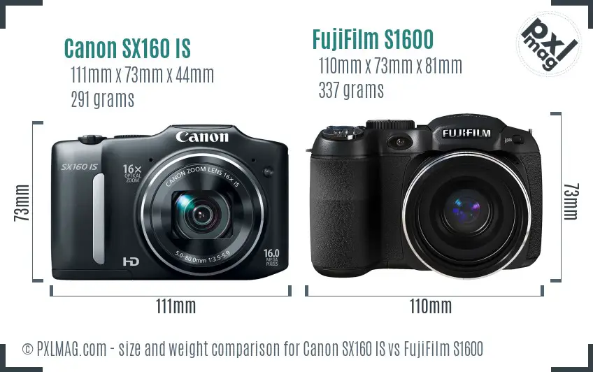 Canon SX160 IS vs FujiFilm S1600 size comparison