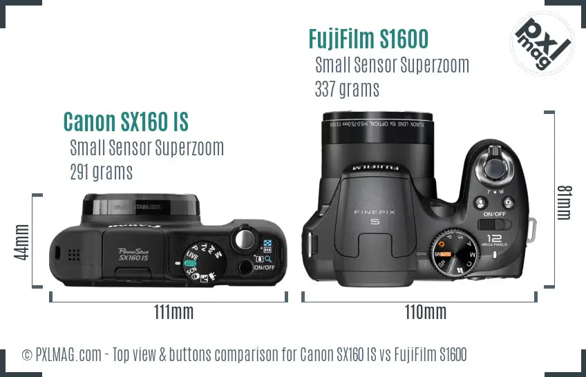 Canon SX160 IS vs FujiFilm S1600 top view buttons comparison