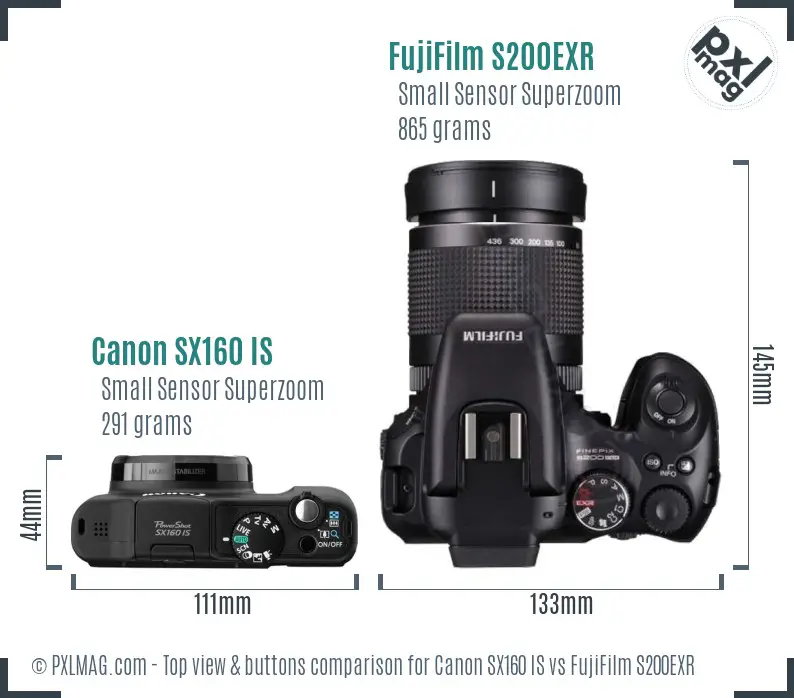 Canon SX160 IS vs FujiFilm S200EXR top view buttons comparison