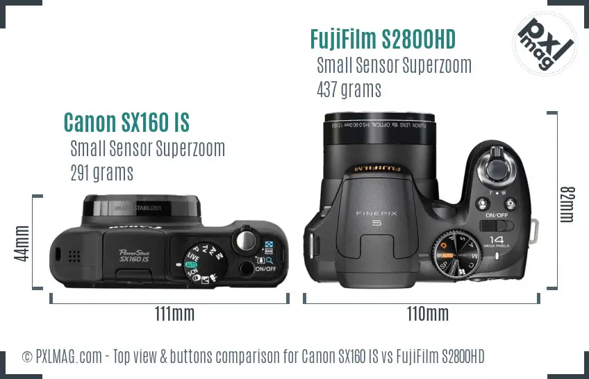 Canon SX160 IS vs FujiFilm S2800HD top view buttons comparison Canon SX160 IS vs FujiFilm S2800HD top view buttons comparison