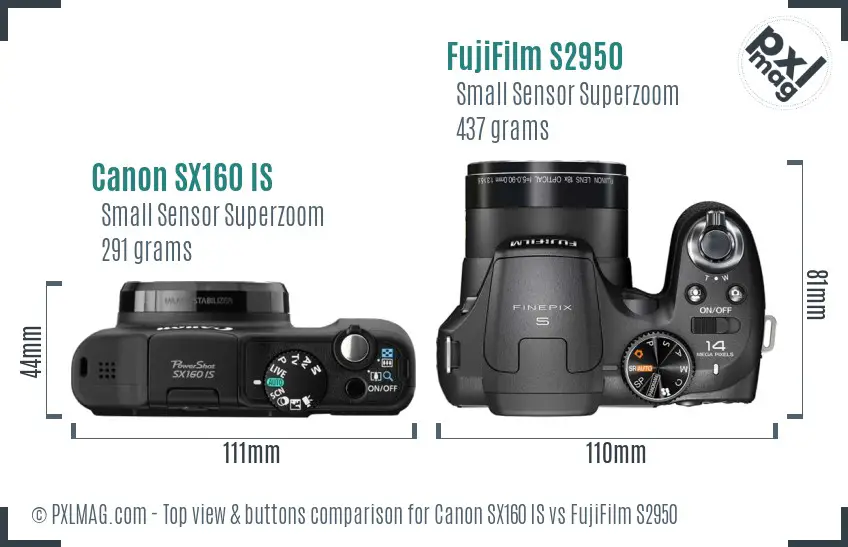 Canon SX160 IS vs FujiFilm S2950 top view buttons comparison