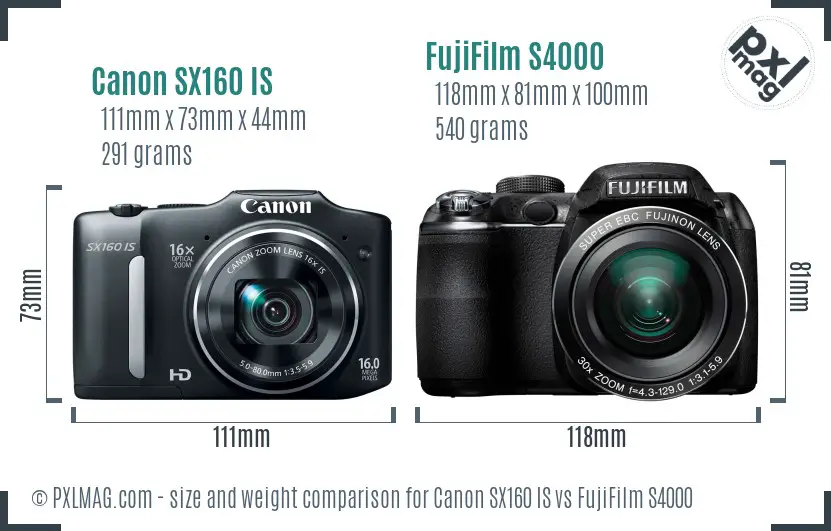 Canon SX160 IS vs FujiFilm S4000 size comparison