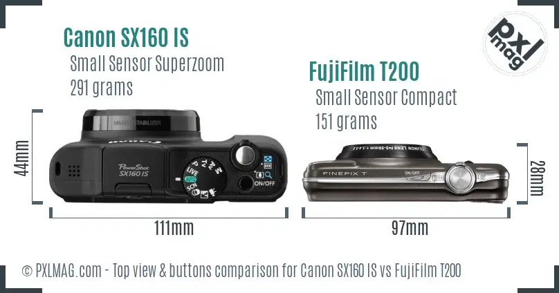 Canon SX160 IS vs FujiFilm T200 top view buttons comparison