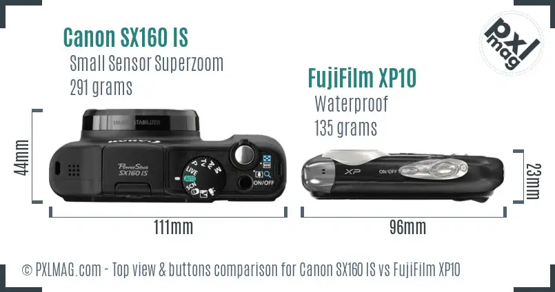 Canon SX160 IS vs FujiFilm XP10 top view buttons comparison