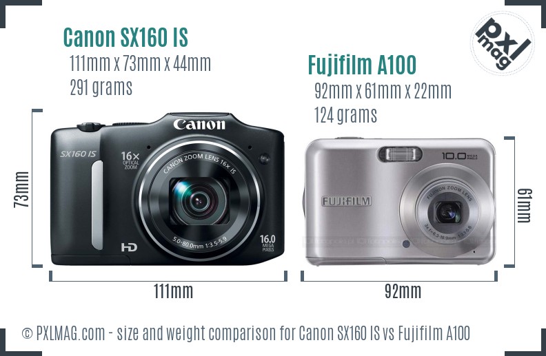 Canon SX160 IS vs Fujifilm A100 size comparison Canon SX160 IS vs Fujifilm A100 size comparison