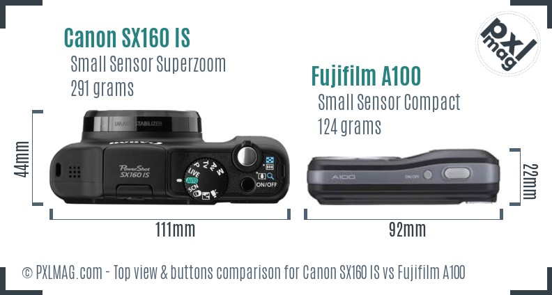 Canon SX160 IS vs Fujifilm A100 top view buttons comparison