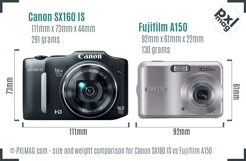 Canon SX160 IS vs Fujifilm A150 size comparison