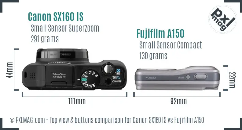 Canon SX160 IS vs Fujifilm A150 top view buttons comparison