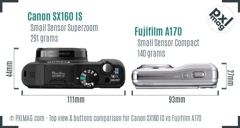 Canon SX160 IS vs Fujifilm A170 top view buttons comparison