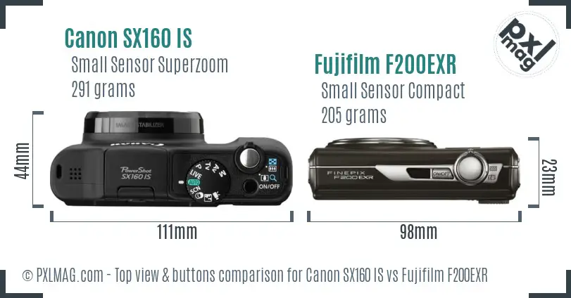Canon SX160 IS vs Fujifilm F200EXR top view buttons comparison Canon SX160 IS vs Fujifilm F200EXR top view buttons comparison