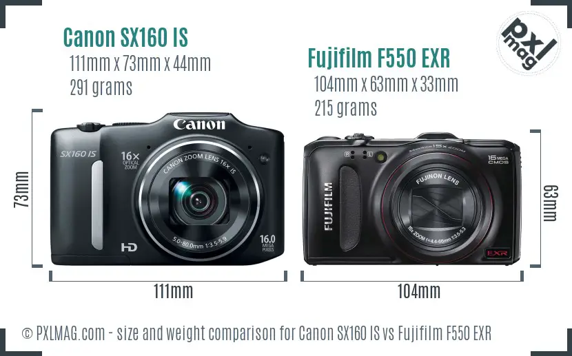 Canon SX160 IS vs Fujifilm F550 EXR size comparison