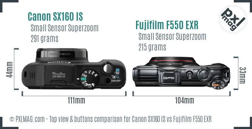 Canon SX160 IS vs Fujifilm F550 EXR top view buttons comparison