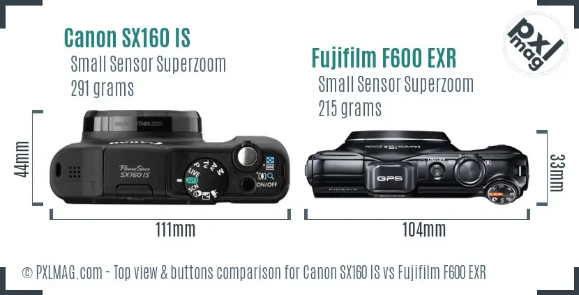Canon SX160 IS vs Fujifilm F600 EXR top view buttons comparison Canon SX160 IS vs Fujifilm F600 EXR top view buttons comparison