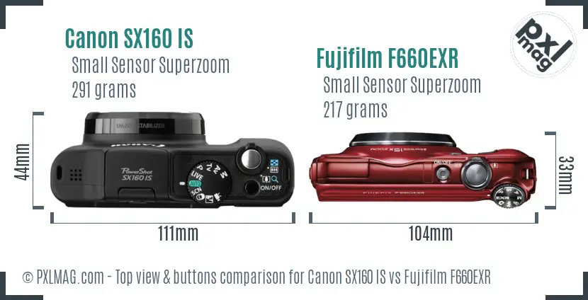 Canon SX160 IS vs Fujifilm F660EXR top view buttons comparison