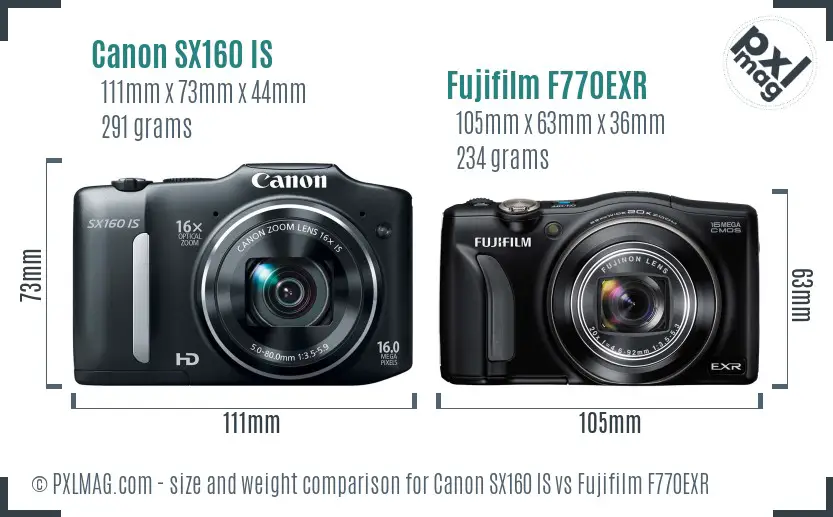 Canon SX160 IS vs Fujifilm F770EXR size comparison