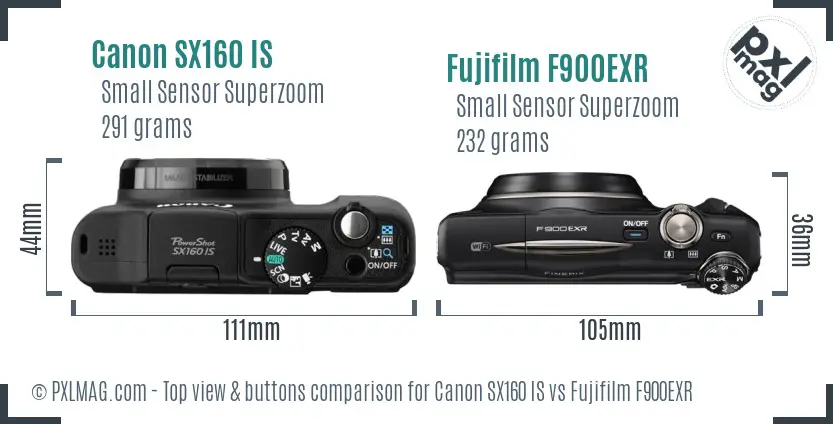 Canon SX160 IS vs Fujifilm F900EXR top view buttons comparison Canon SX160 IS vs Fujifilm F900EXR top view buttons comparison