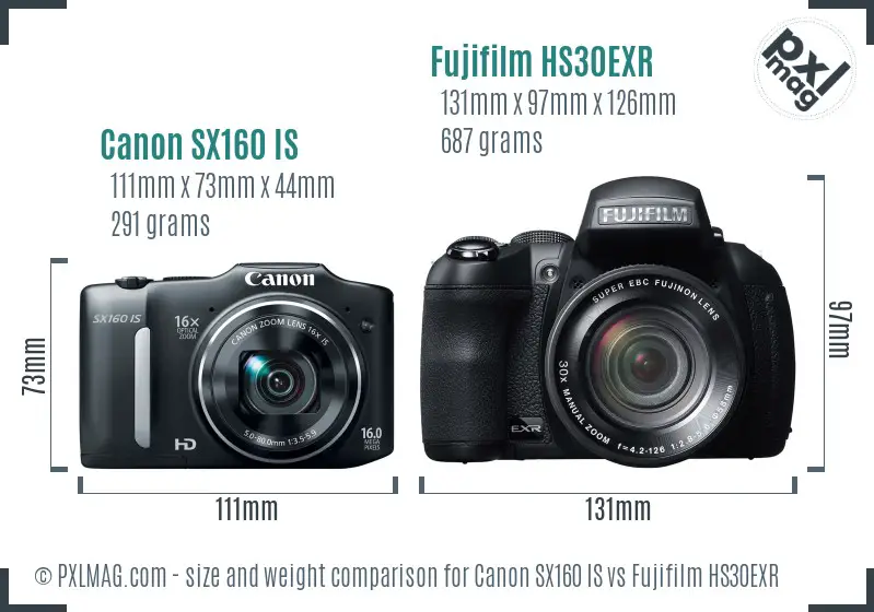 Canon SX160 IS vs Fujifilm HS30EXR size comparison Canon SX160 IS vs Fujifilm HS30EXR size comparison