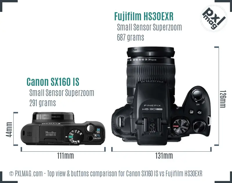 Canon SX160 IS vs Fujifilm HS30EXR top view buttons comparison Canon SX160 IS vs Fujifilm HS30EXR top view buttons comparison