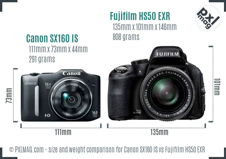 Canon SX160 IS vs Fujifilm HS50 EXR size comparison