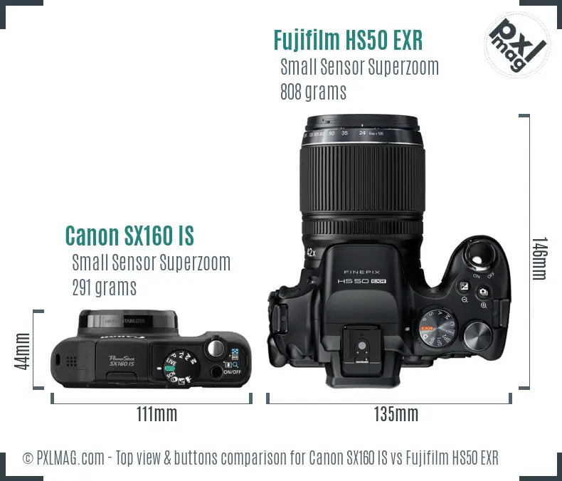 Canon SX160 IS vs Fujifilm HS50 EXR top view buttons comparison
