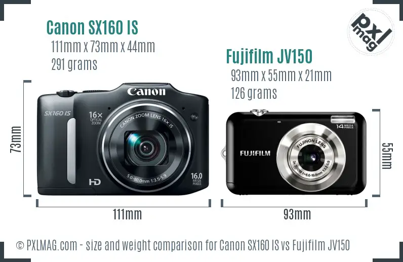 Canon SX160 IS vs Fujifilm JV150 size comparison