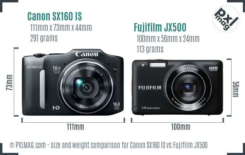 Canon SX160 IS vs Fujifilm JX500 size comparison