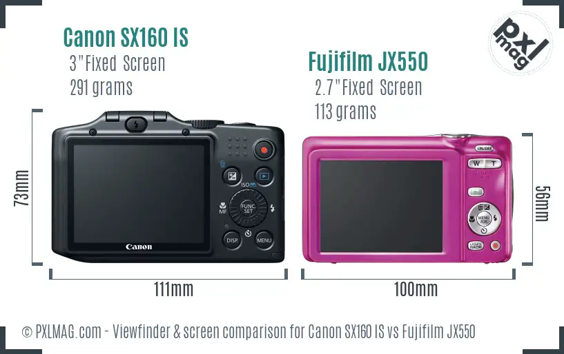 Canon SX160 IS vs Fujifilm JX550 Screen and Viewfinder comparison