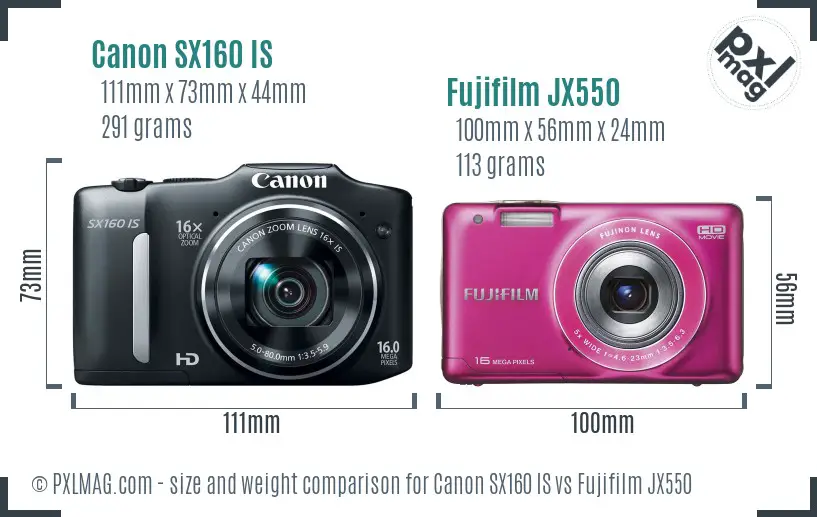 Canon SX160 IS vs Fujifilm JX550 size comparison