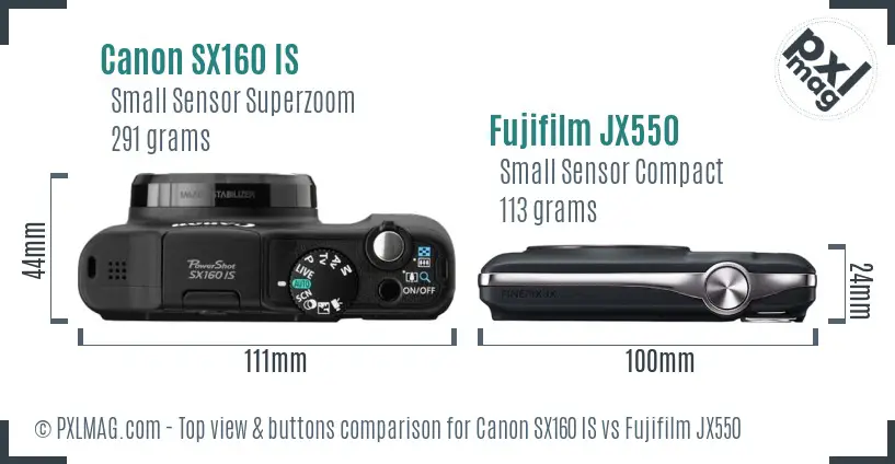 Canon SX160 IS vs Fujifilm JX550 top view buttons comparison