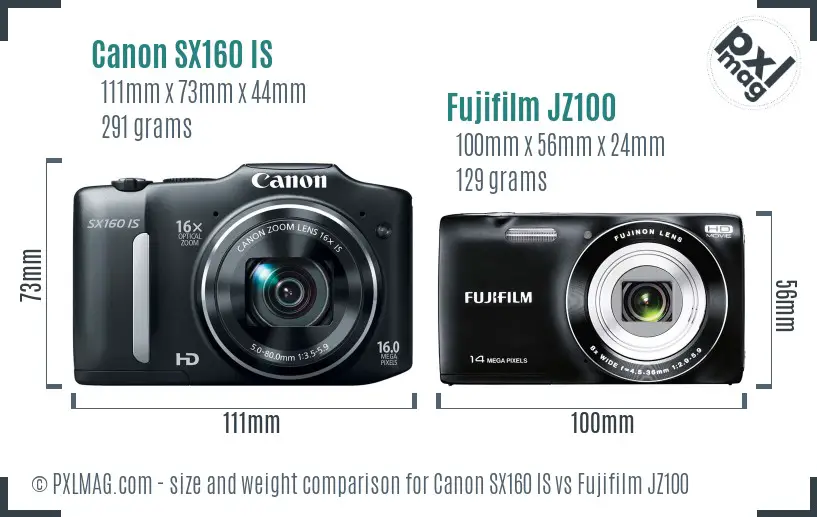 Canon SX160 IS vs Fujifilm JZ100 size comparison