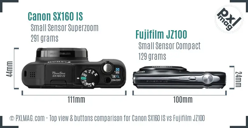 Canon SX160 IS vs Fujifilm JZ100 top view buttons comparison