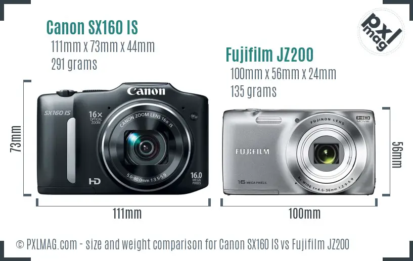 Canon SX160 IS vs Fujifilm JZ200 size comparison Canon SX160 IS vs Fujifilm JZ200 size comparison