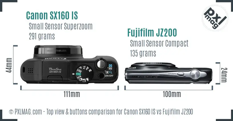 Canon SX160 IS vs Fujifilm JZ200 top view buttons comparison Canon SX160 IS vs Fujifilm JZ200 top view buttons comparison