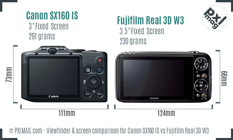 Canon SX160 IS vs Fujifilm Real 3D W3 Screen and Viewfinder comparison