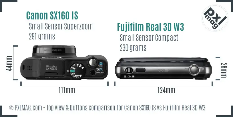 Canon SX160 IS vs Fujifilm Real 3D W3 top view buttons comparison