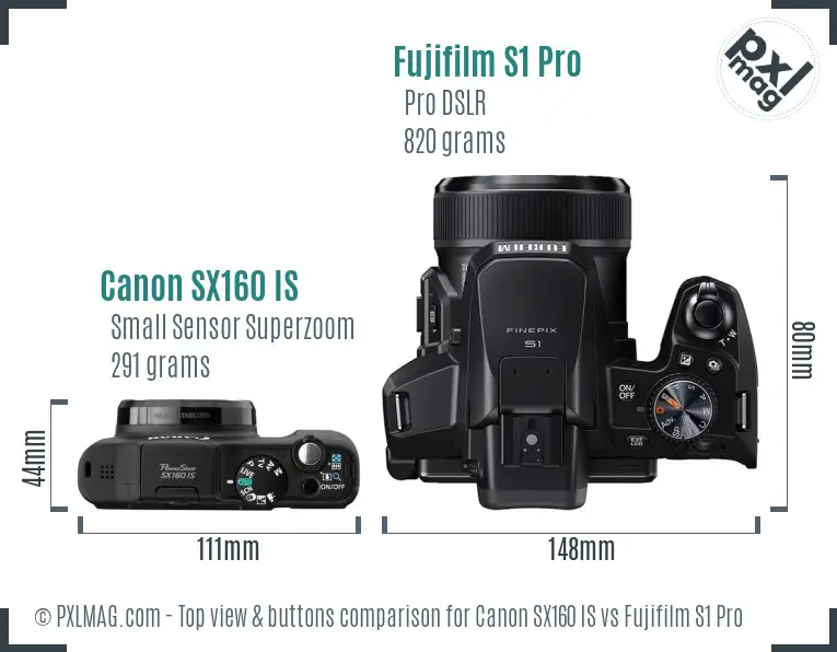 Canon SX160 IS vs Fujifilm S1 Pro top view buttons comparison Canon SX160 IS vs Fujifilm S1 Pro top view buttons comparison