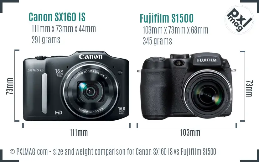 Canon SX160 IS vs Fujifilm S1500 size comparison