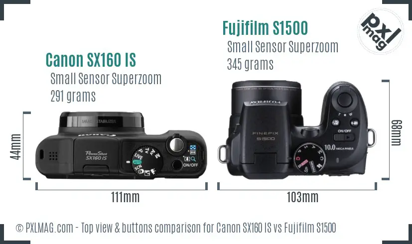 Canon SX160 IS vs Fujifilm S1500 top view buttons comparison
