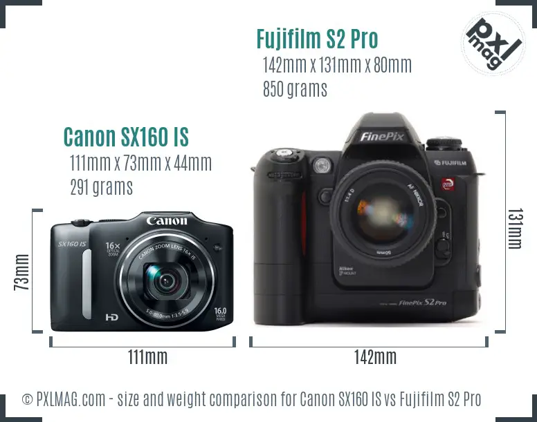 Canon SX160 IS vs Fujifilm S2 Pro size comparison