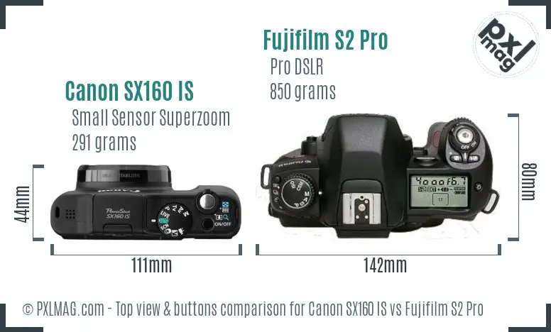 Canon SX160 IS vs Fujifilm S2 Pro top view buttons comparison