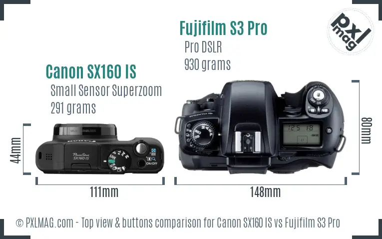 Canon SX160 IS vs Fujifilm S3 Pro top view buttons comparison