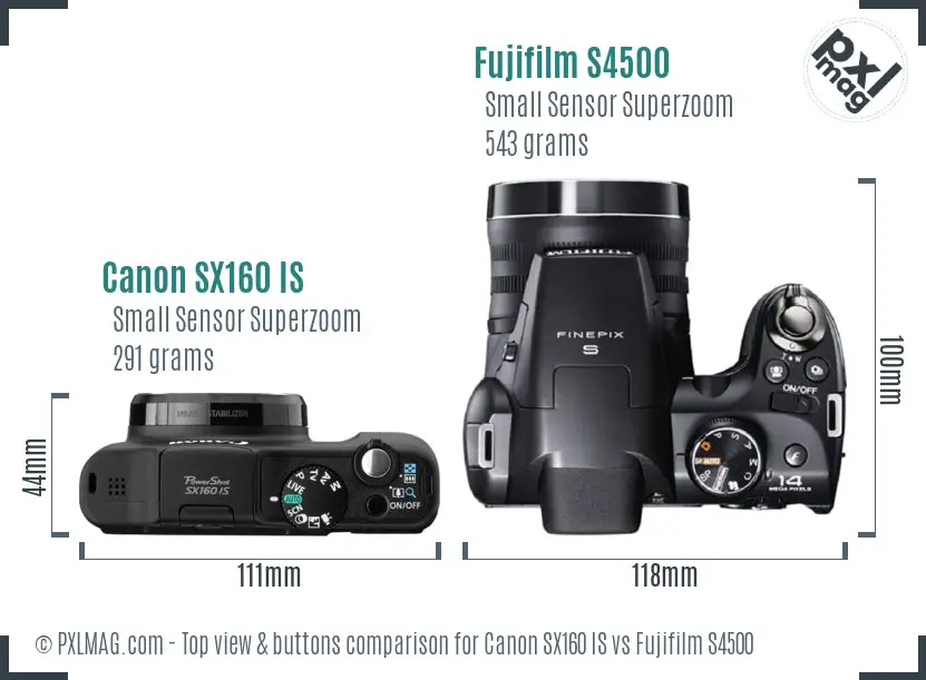 Canon SX160 IS vs Fujifilm S4500 top view buttons comparison